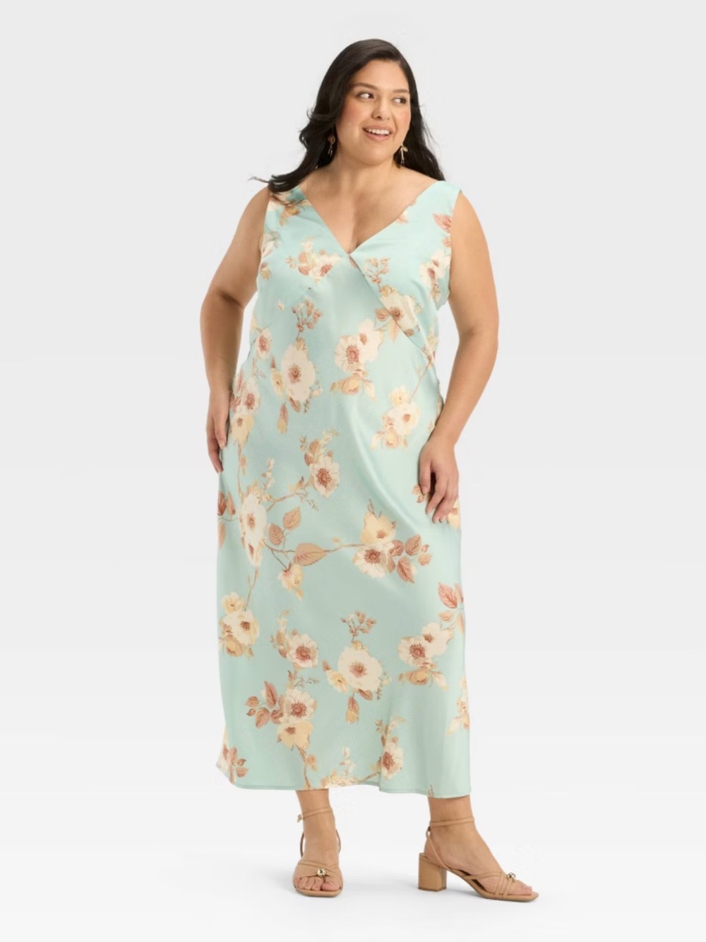 a new day Mint Floral Satin Slip Maxi Dress